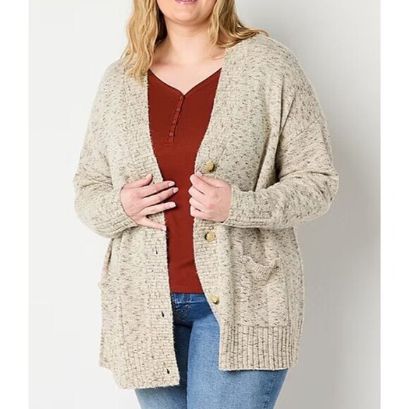 a.n.a Plus Women's Size 1X Long Sleeve Button Open Front Cardigan Tan Oatmeal - Picture 1 of 14